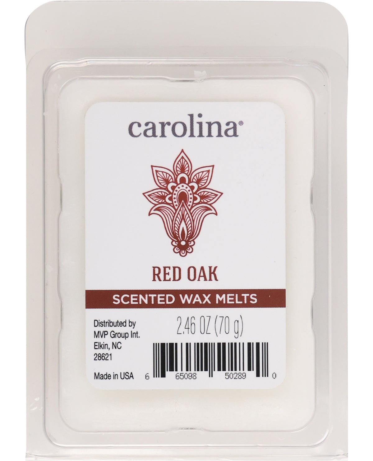 Carolina Red Oak scented wax melt packaging on a white background