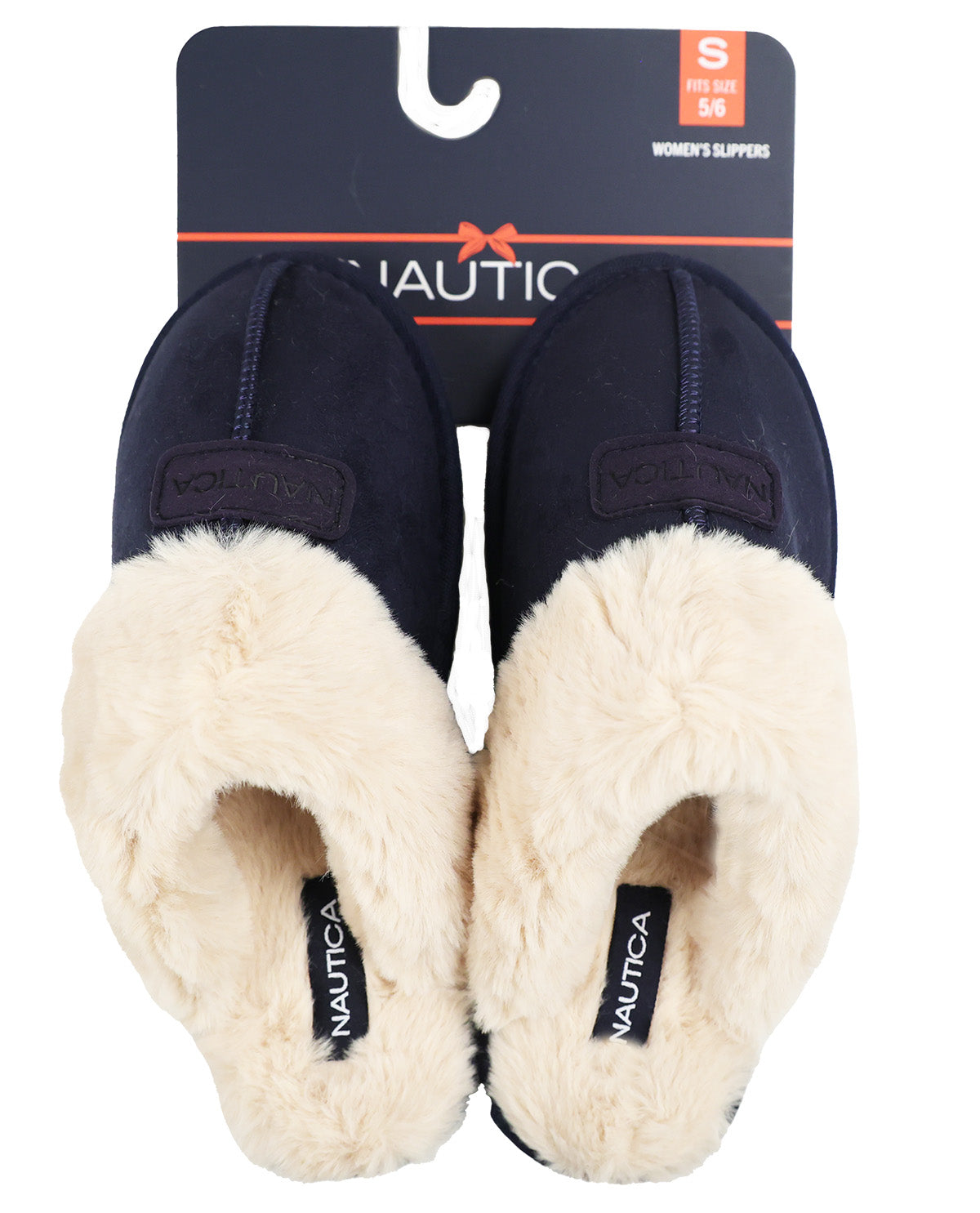A pair of Nautica slip-on slippers with navy blue suede-like uppers and cream faux-fur lining, shown with their retail packaging card against a white background.