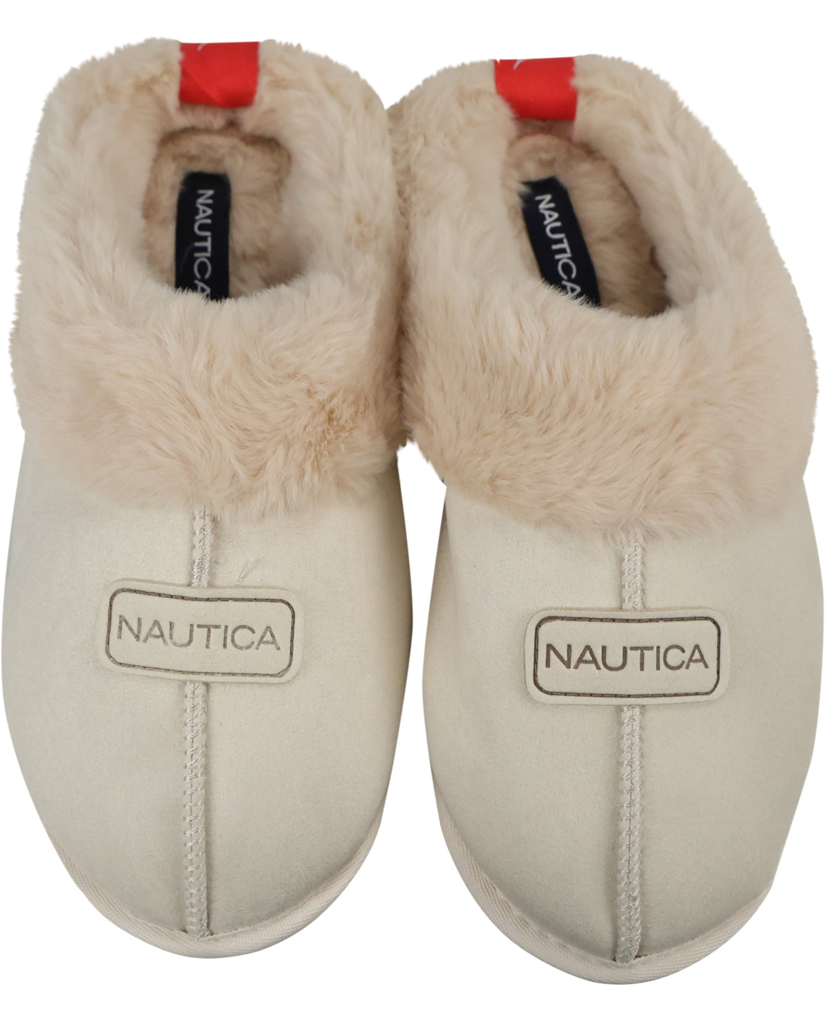 A pair of Nautica slip-on slippers in cream-colored suede with a fluffy beige faux-fur trim and a red pull tab, shown against a plain white background.