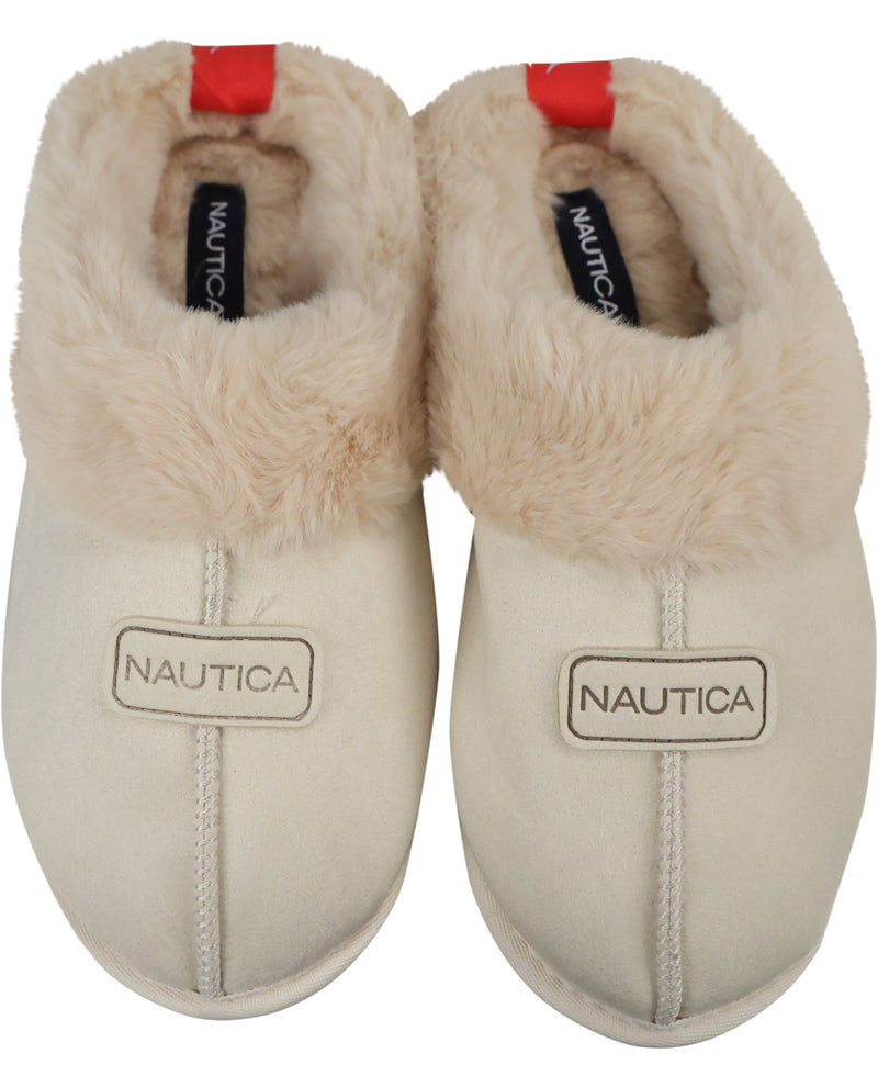 A pair of Nautica slip-on slippers in cream-colored suede with a fluffy beige faux-fur trim and a red pull tab, shown against a plain white background.