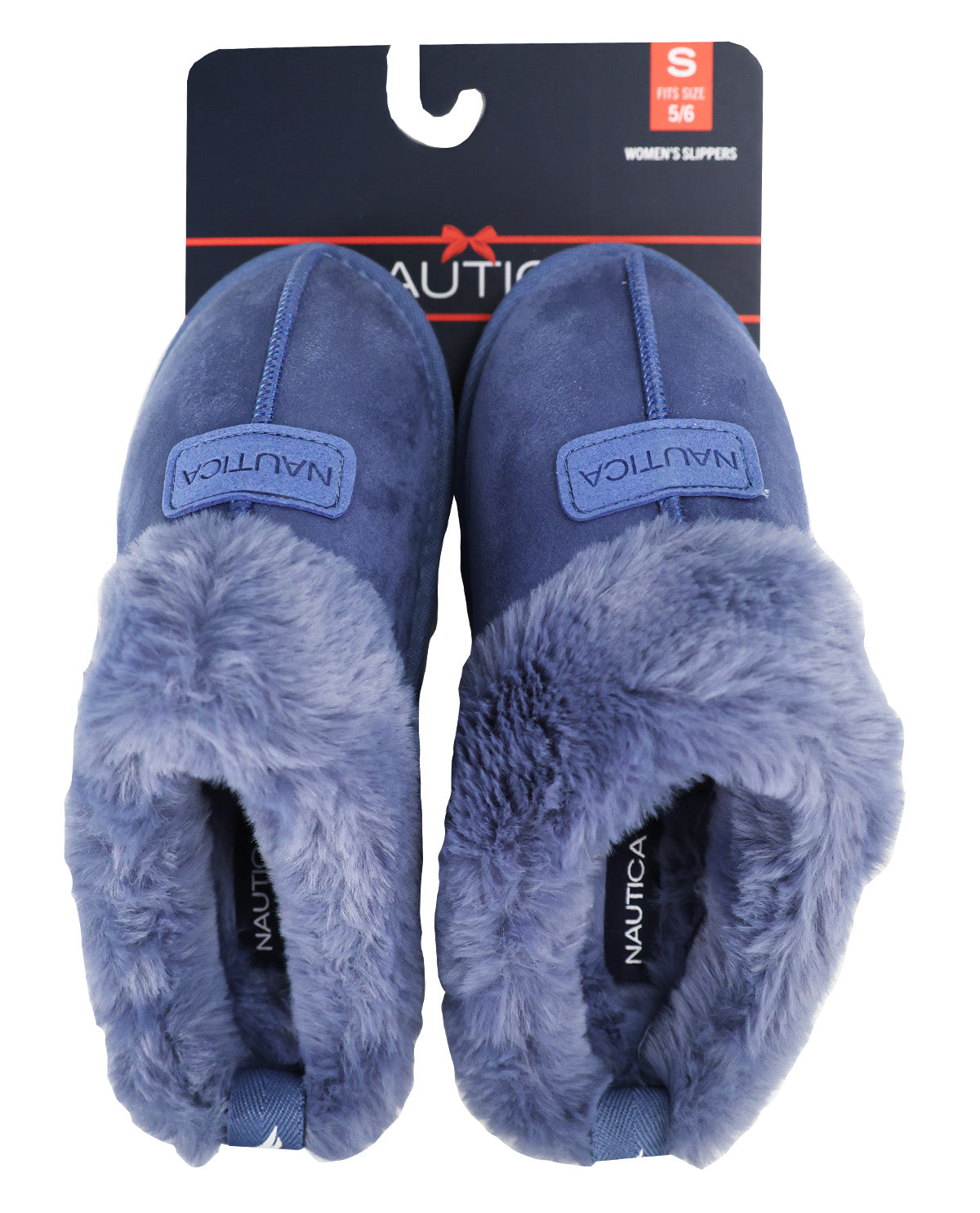 A pair of Nautica slip-on slippers in a dusty blue suede-like material with fluffy light blue faux fur lining, shown on their original retail hanger against a white background.