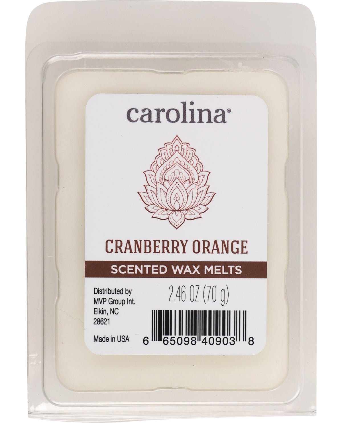 Carolina Cranberry Orange scented wax melt packaging on a white background