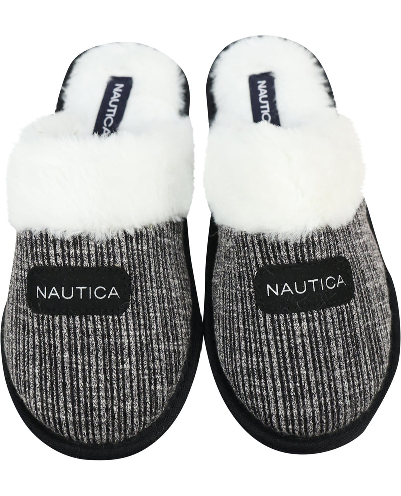 A pair of Nautica slip-on slippers with a gray and black textured knit upper, a fluffy white faux-fur trim, and a black sole. The brand name 'NAUTICA' is clearly visible on the front of each slipper and on the insole.