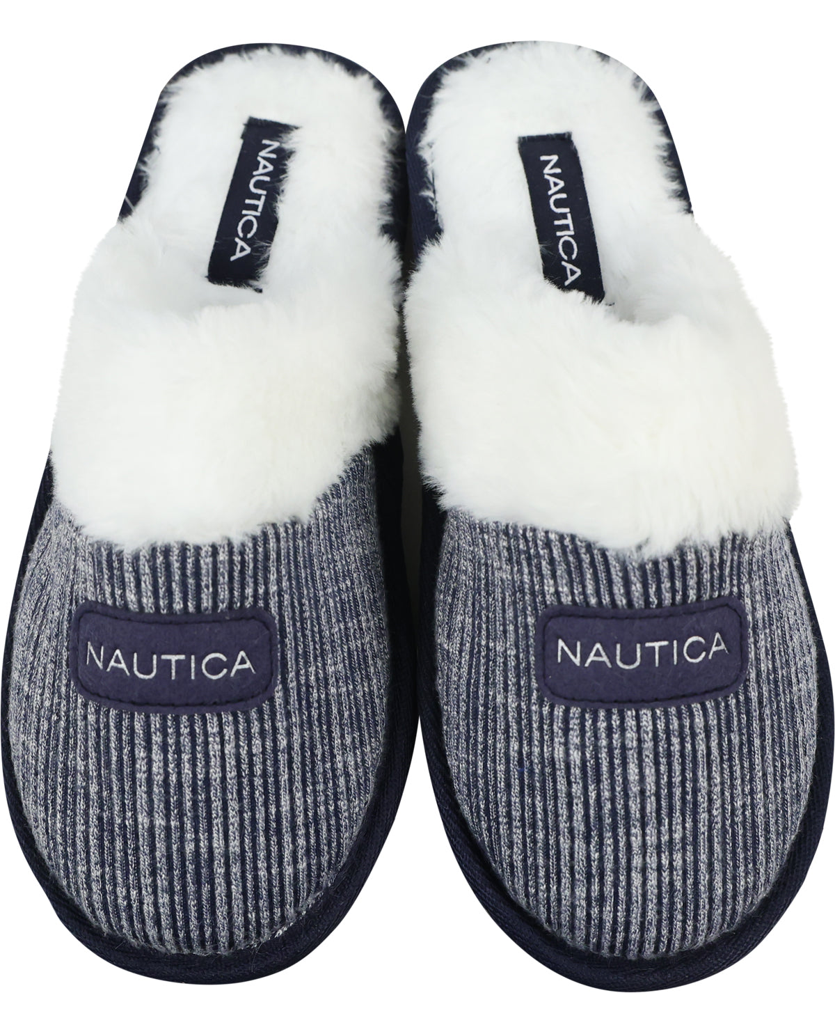 A pair of Nautica slip-on slippers with a navy blue and gray striped knit upper, white faux-fur trim, and a navy blue sole.