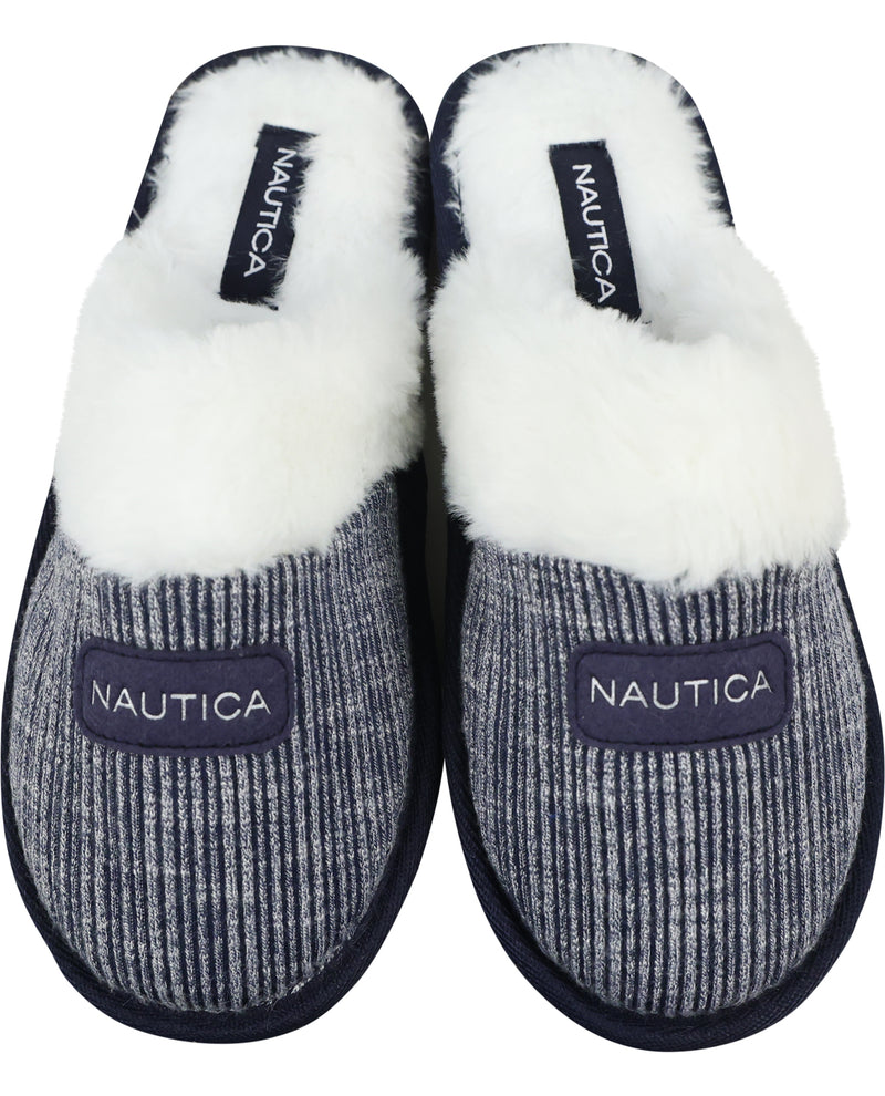 A pair of Nautica slip-on slippers with a navy blue and gray striped knit upper, white faux-fur trim, and a navy blue sole.