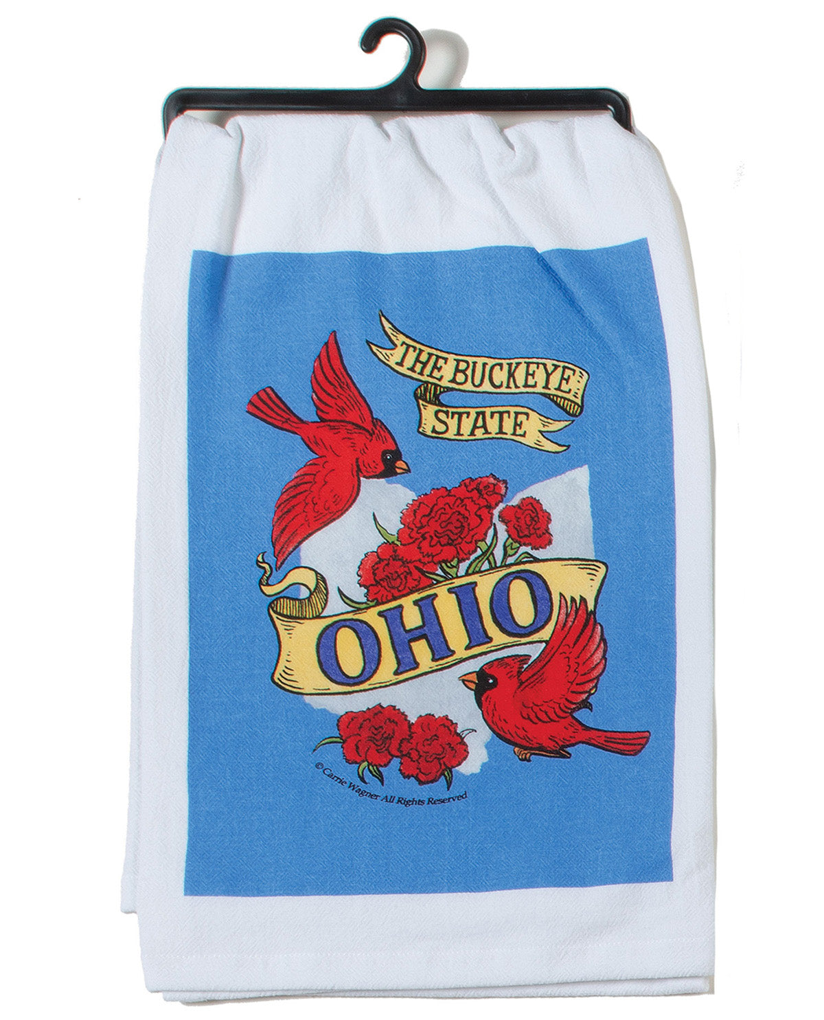 Towel with 'The Buckeye State Ohio' design featuring red cardinals and roses on a blue background.