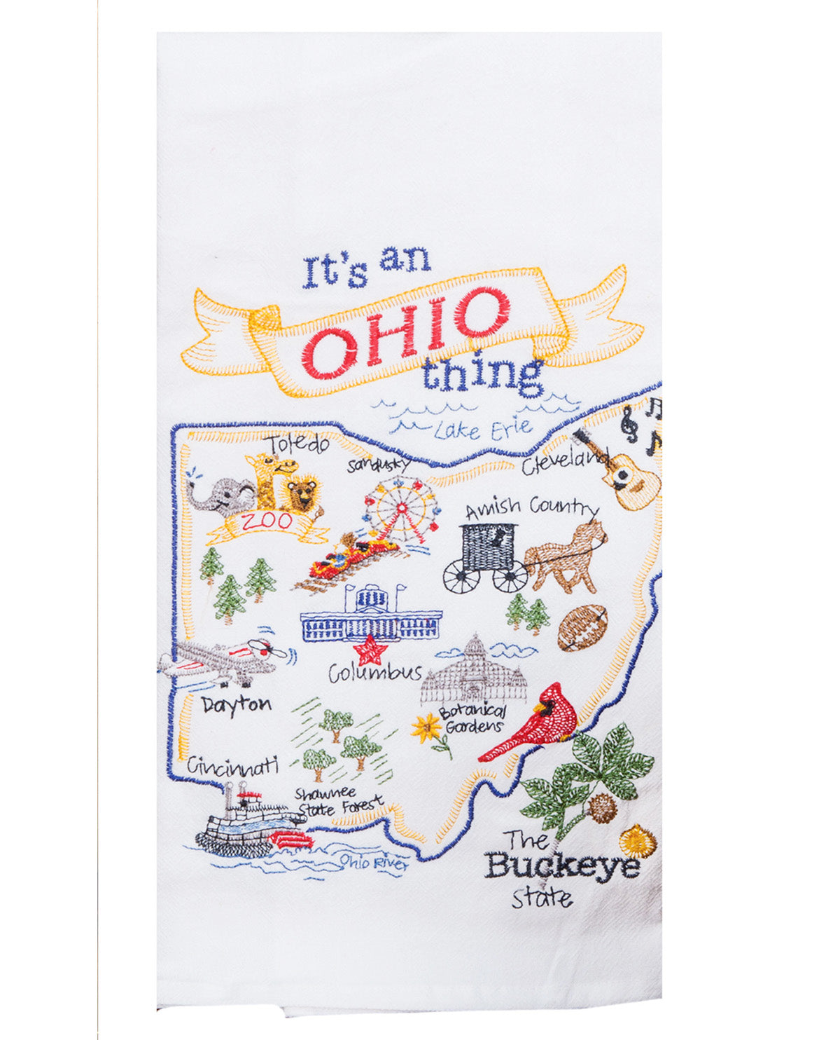 Embroidered towel with a map of Ohio and various state symbols on a white background