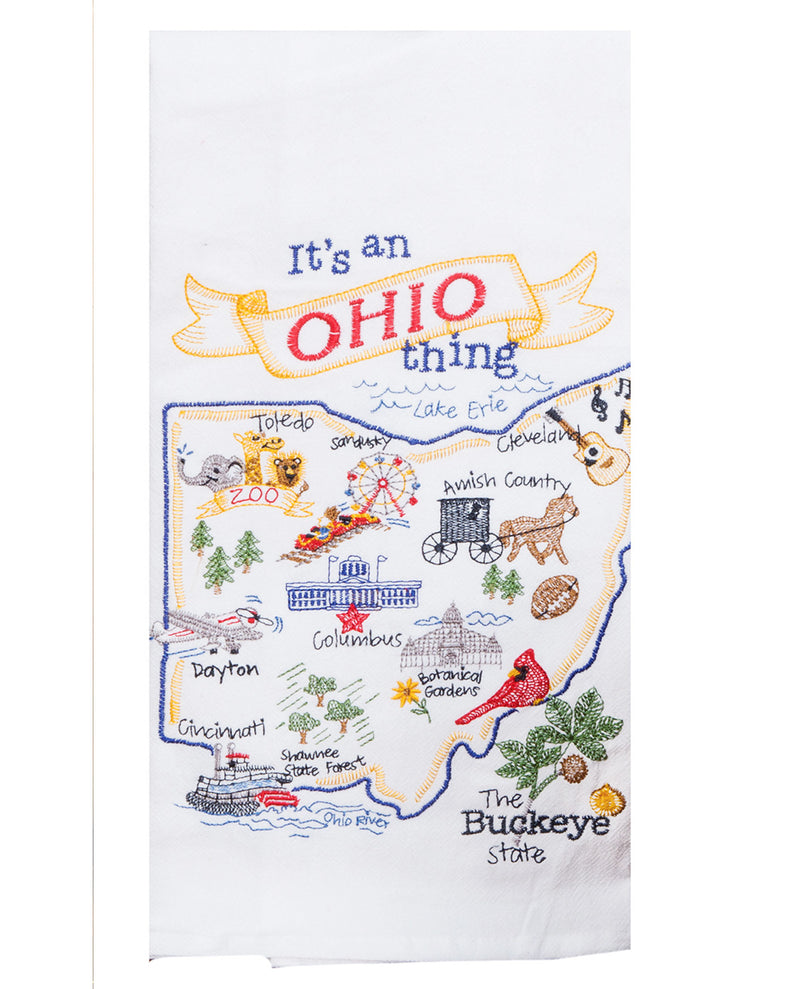 Embroidered towel with a map of Ohio and various state symbols on a white background