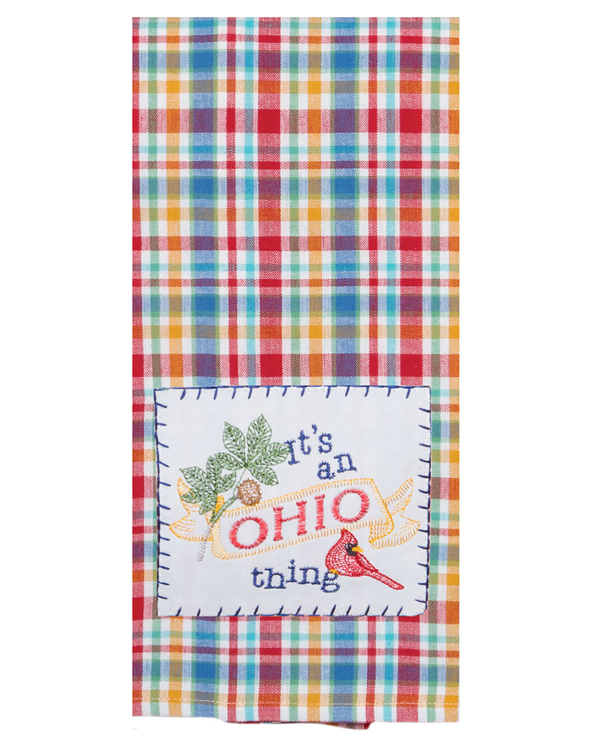 Colorful plaid towel with embroidered text and design on a white background