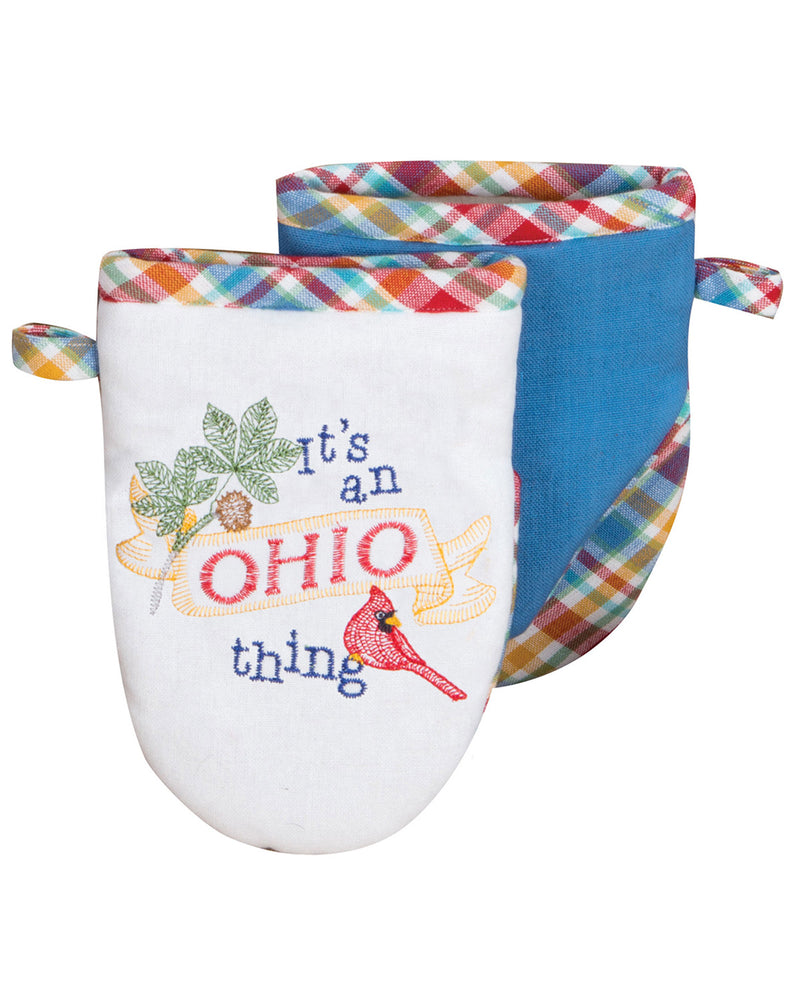 Oven mitt with 'It's an Ohio thing' text and cardinal bird design on a white background