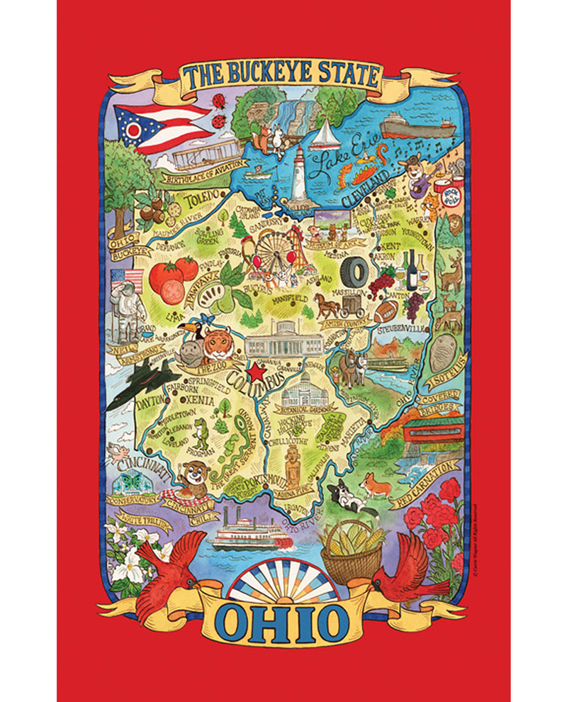 Map of Ohio with various symbols on a red background