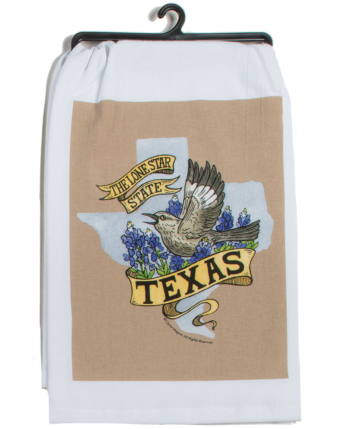 Towel with Texas design featuring a bird and bluebonnets on a hanger.