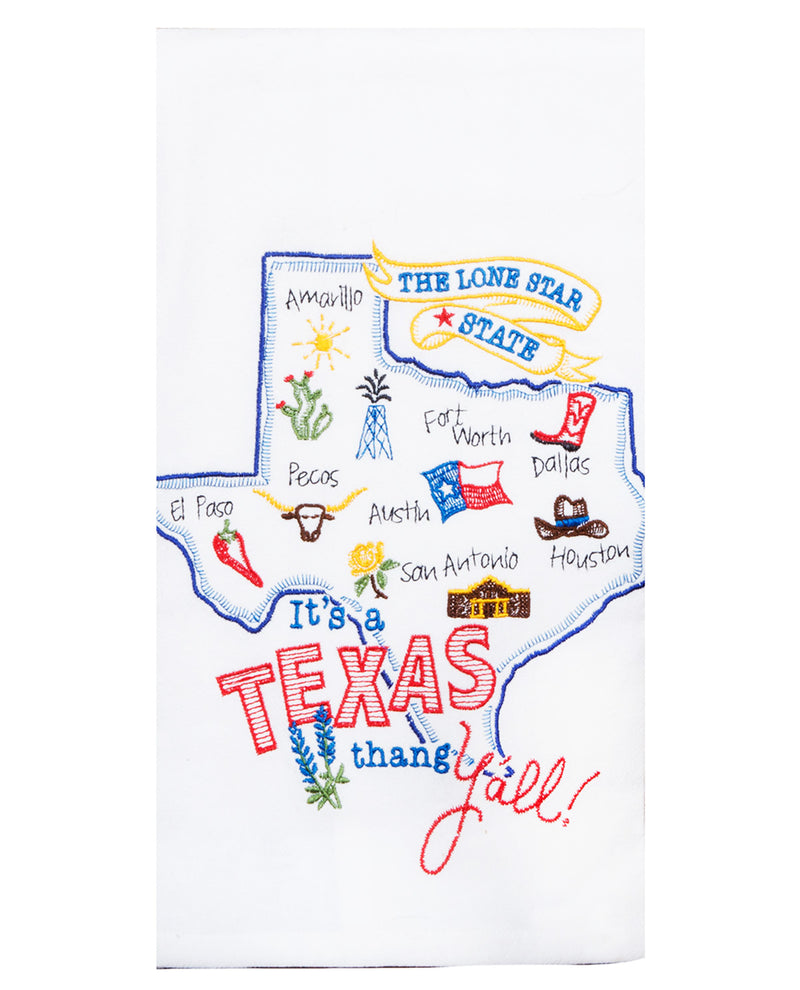 Embroidered Texas-themed towel with state outline and various elements.