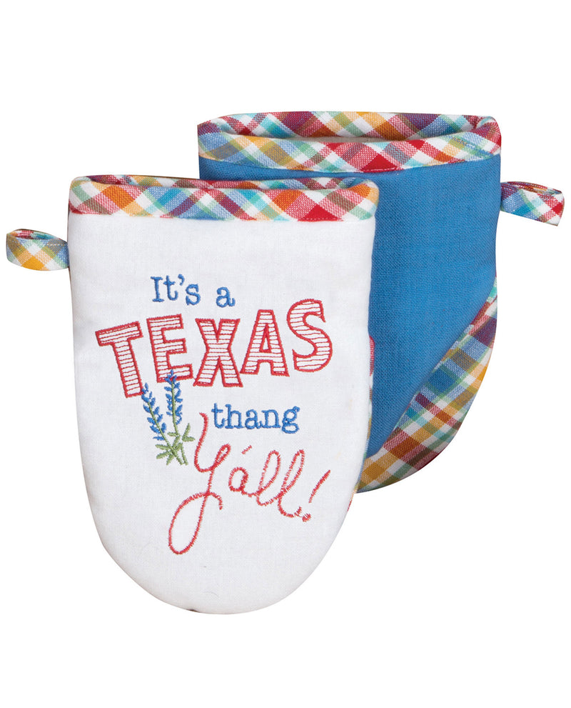 Two pot holders with colorful plaid designs and text on a white background