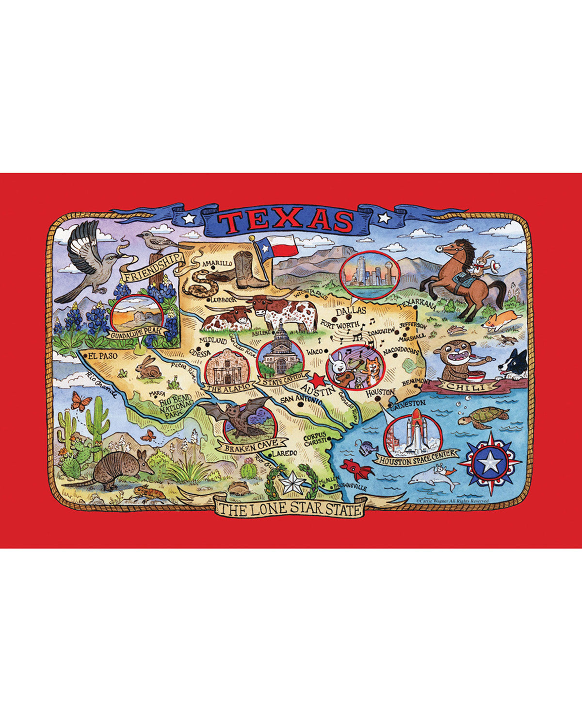 Map of Texas with various symbols on a red background