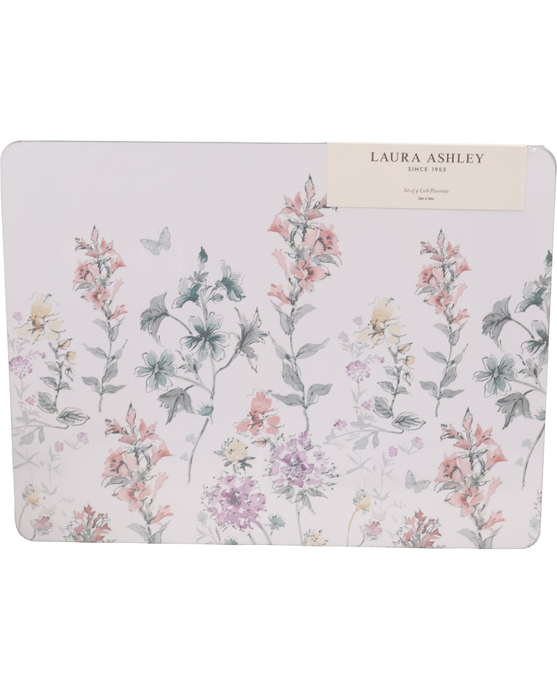 Laura Ashley square ceramic tile featuring a delicate watercolor floral pattern in soft pink, purple, and green on a pale pink background, with a cream paper label at the top right.