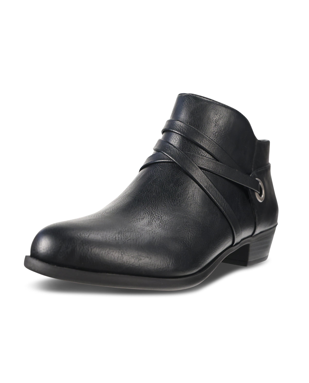 A black leather ankle boot with a low block heel, featuring a decorative strap across the instep with a small silver-tone ring detail, shown against a plain white background.
