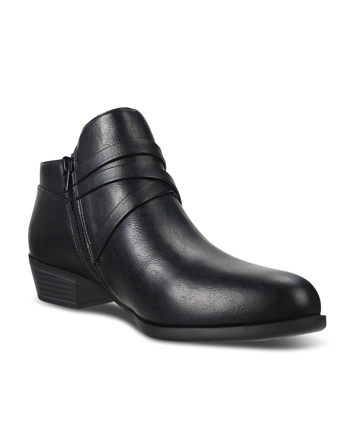 A black faux-leather ankle boot with a low block heel, side zipper, and decorative horizontal straps across the upper, shown on a white background.