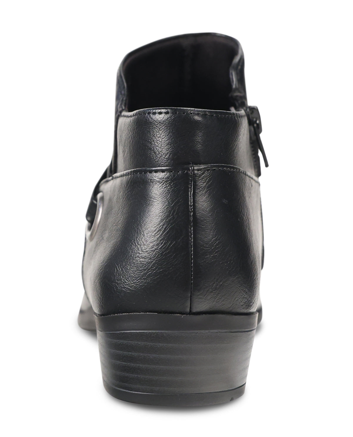 Black faux-leather ankle boot shown from a rear three-quarter view, featuring a side zipper and a stacked wedge heel, on a white background.