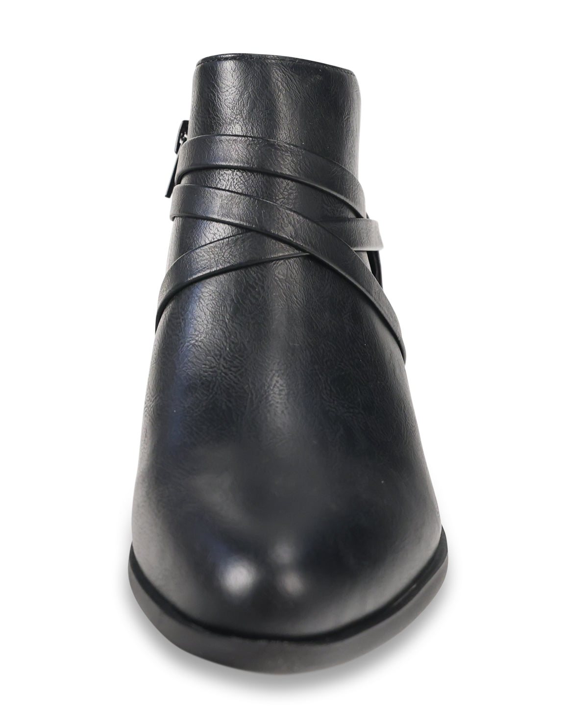 A single black leather ankle boot with crisscrossing straps across the instep and a side zipper, shown from a top-down view on a white background.