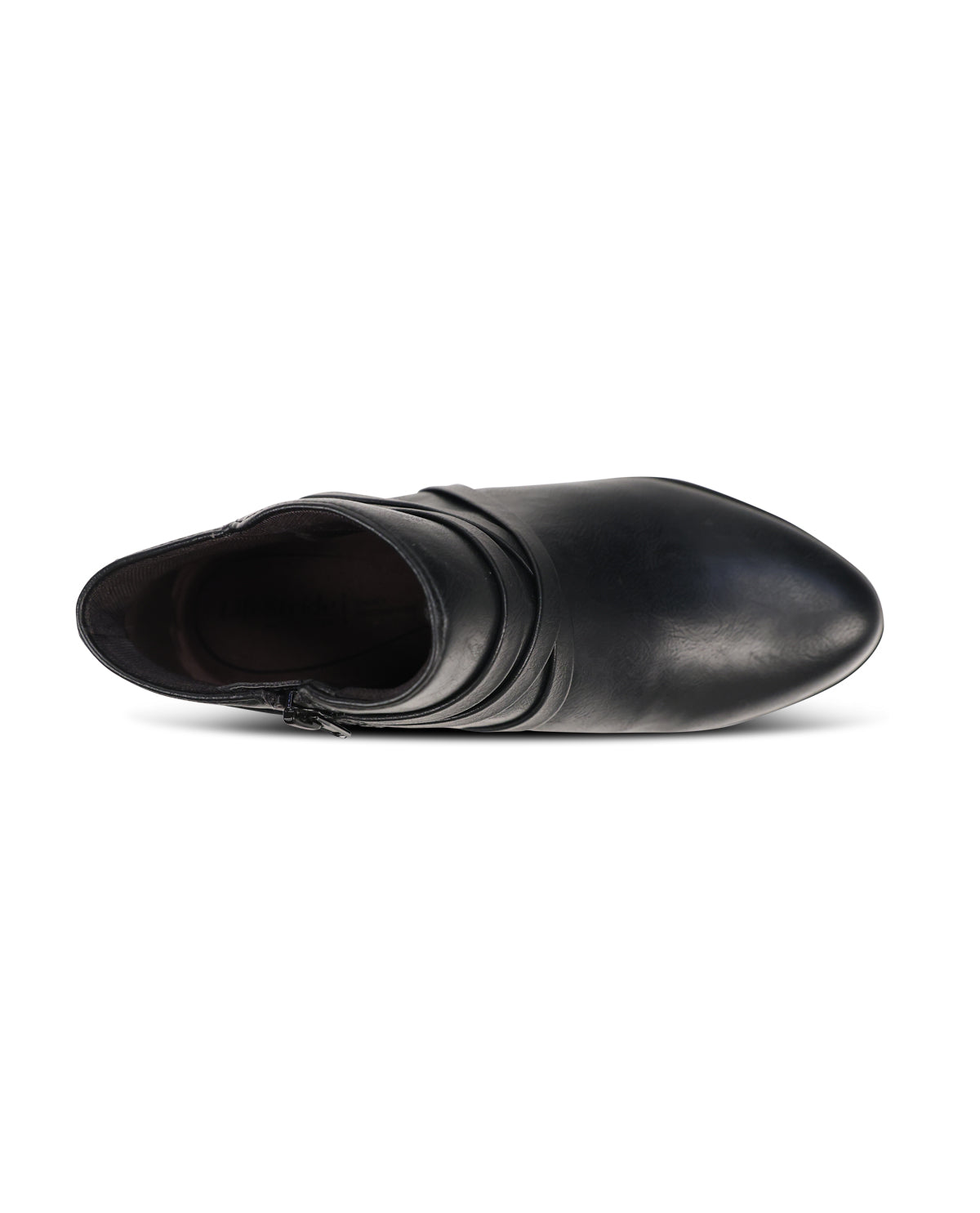 A black leather ankle boot with a pointed toe and decorative side straps, shown from a side profile view on a white background.
