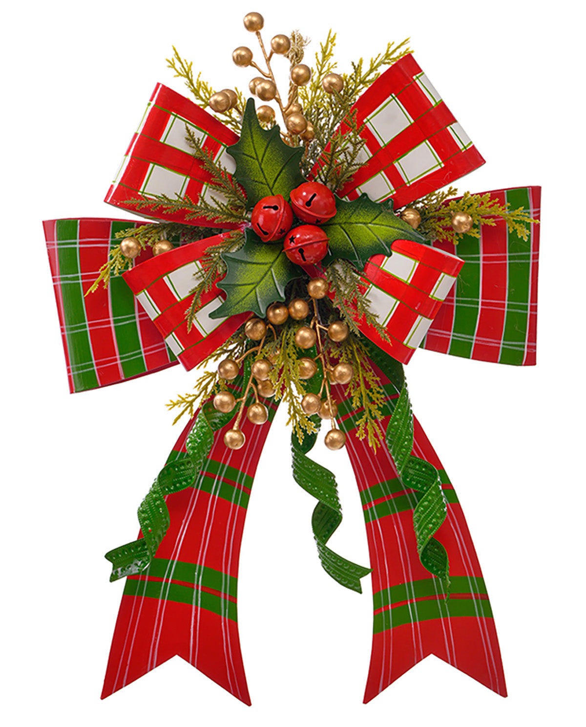 Decorative Christmas bow with red and green plaid pattern, holly leaves, and gold berries on a white background.