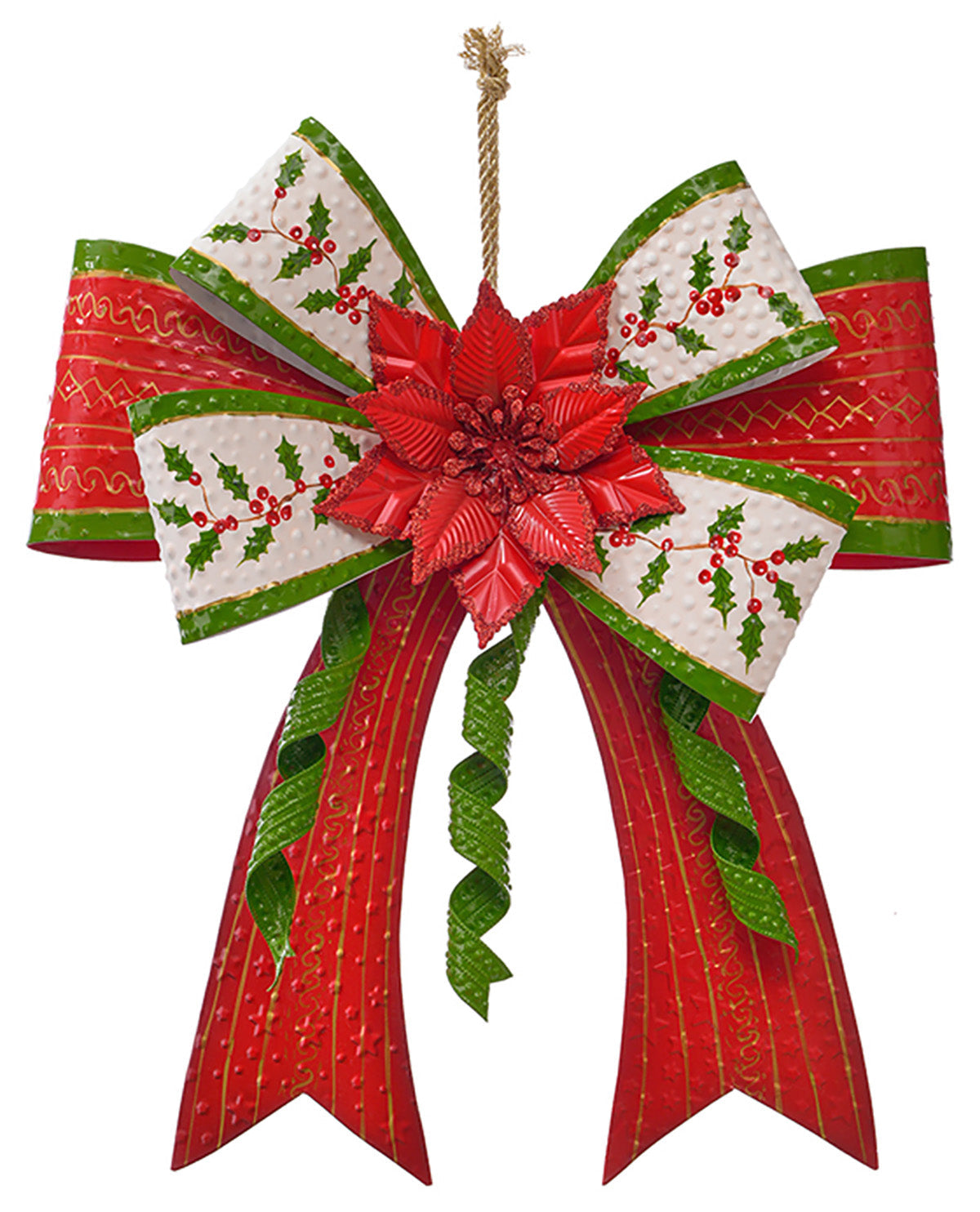 Decorative Christmas bow with red, green, and white colors on a white background