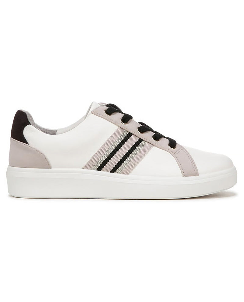A low-top white sneaker with black laces, featuring a light beige heel counter and side stripes accented with black, set against a plain white background.