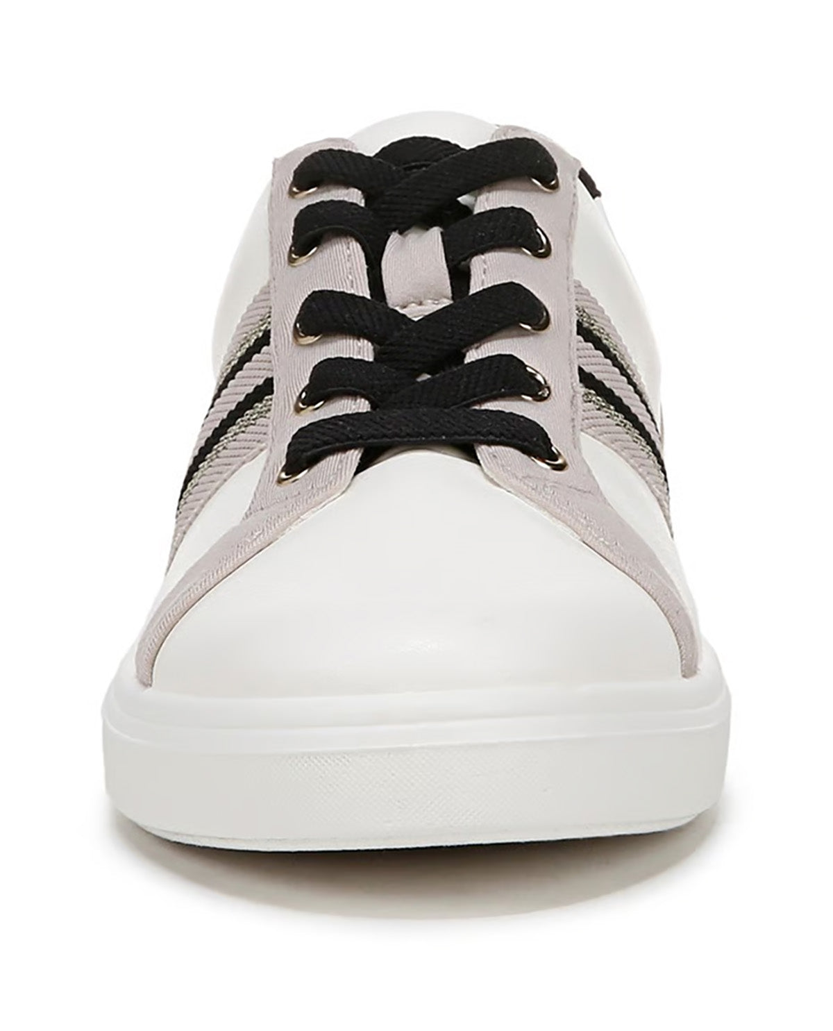 A low-top sneaker shown from the front, featuring a white leather toe and sole, black laces, and light gray mesh side stripes with black detailing.
