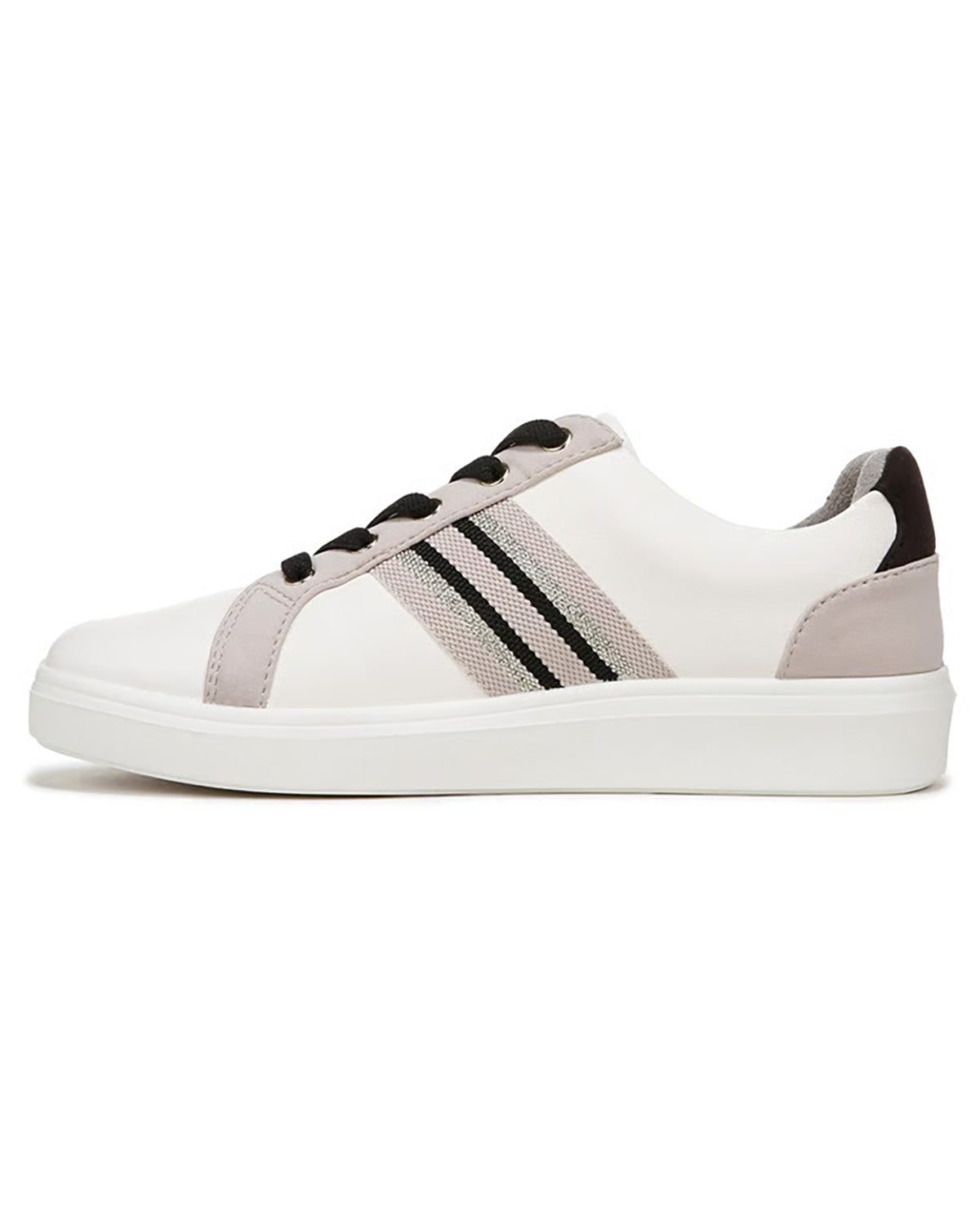 A low-top sneaker in white leather with a light beige suede side panel, black three-stripes, black laces, and a black heel tab, shown from a side profile on a white background.