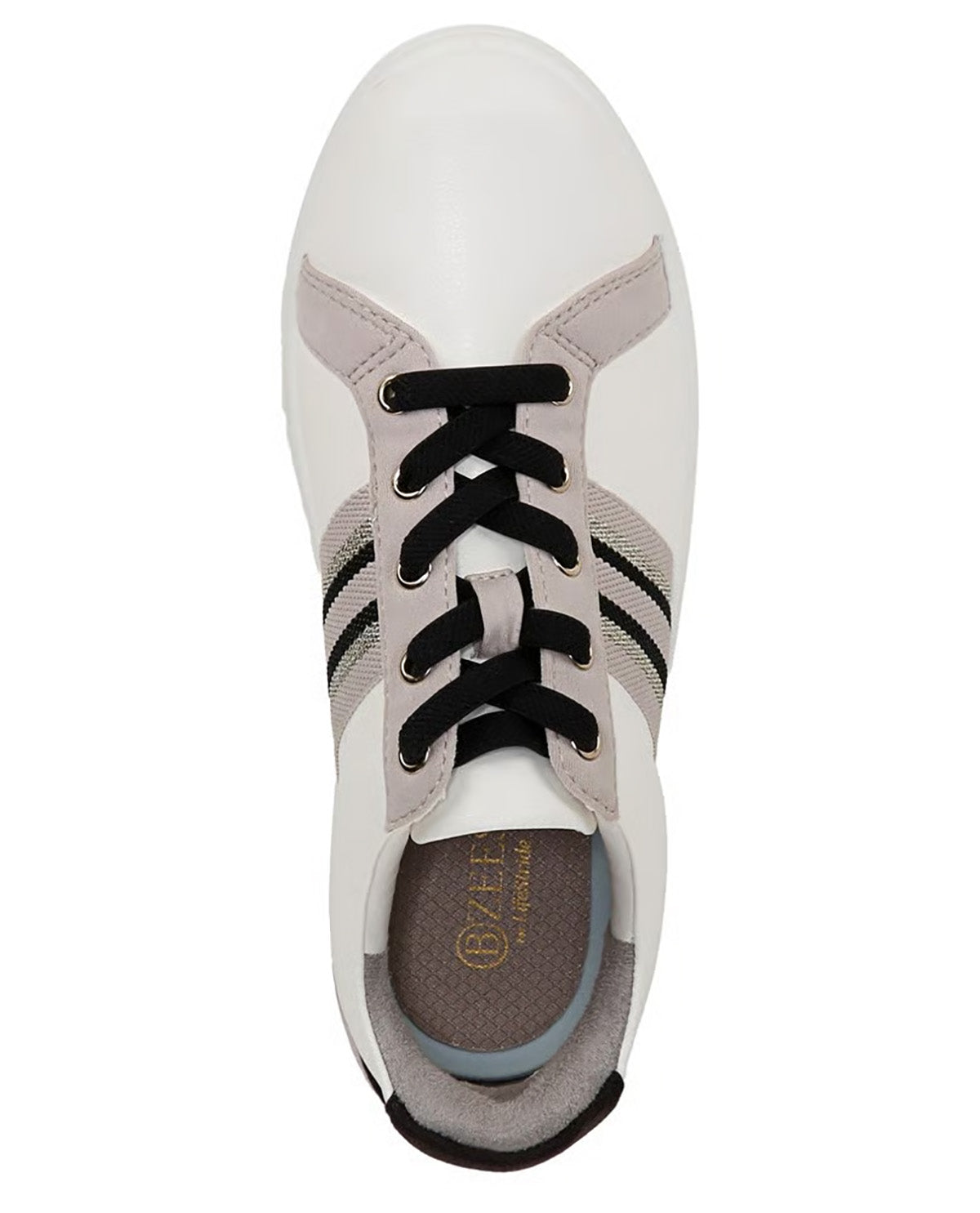 A top-down view of a white leather sneaker with black laces, black three-stripes on the side, and a gray interior lining. The brand name 'BYFEEL' is visible on the insole.