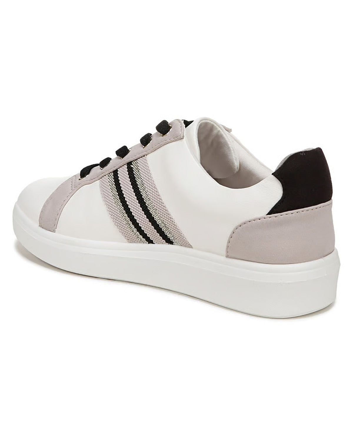 A low-top sneaker shown from a three-quarters rear angle, featuring a white upper with light gray side panels, black and gray diagonal stripes, black laces, and a black heel tab, all on a white platform sole.