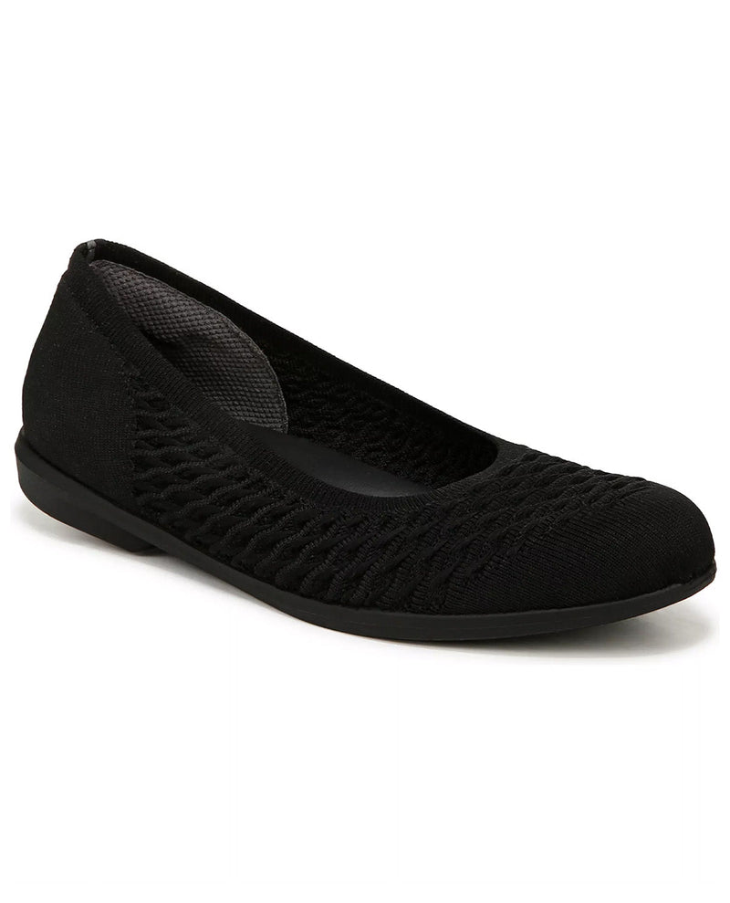 A single black flat shoe with a textured knit upper and a black sole, shown from a side angle on a white background.