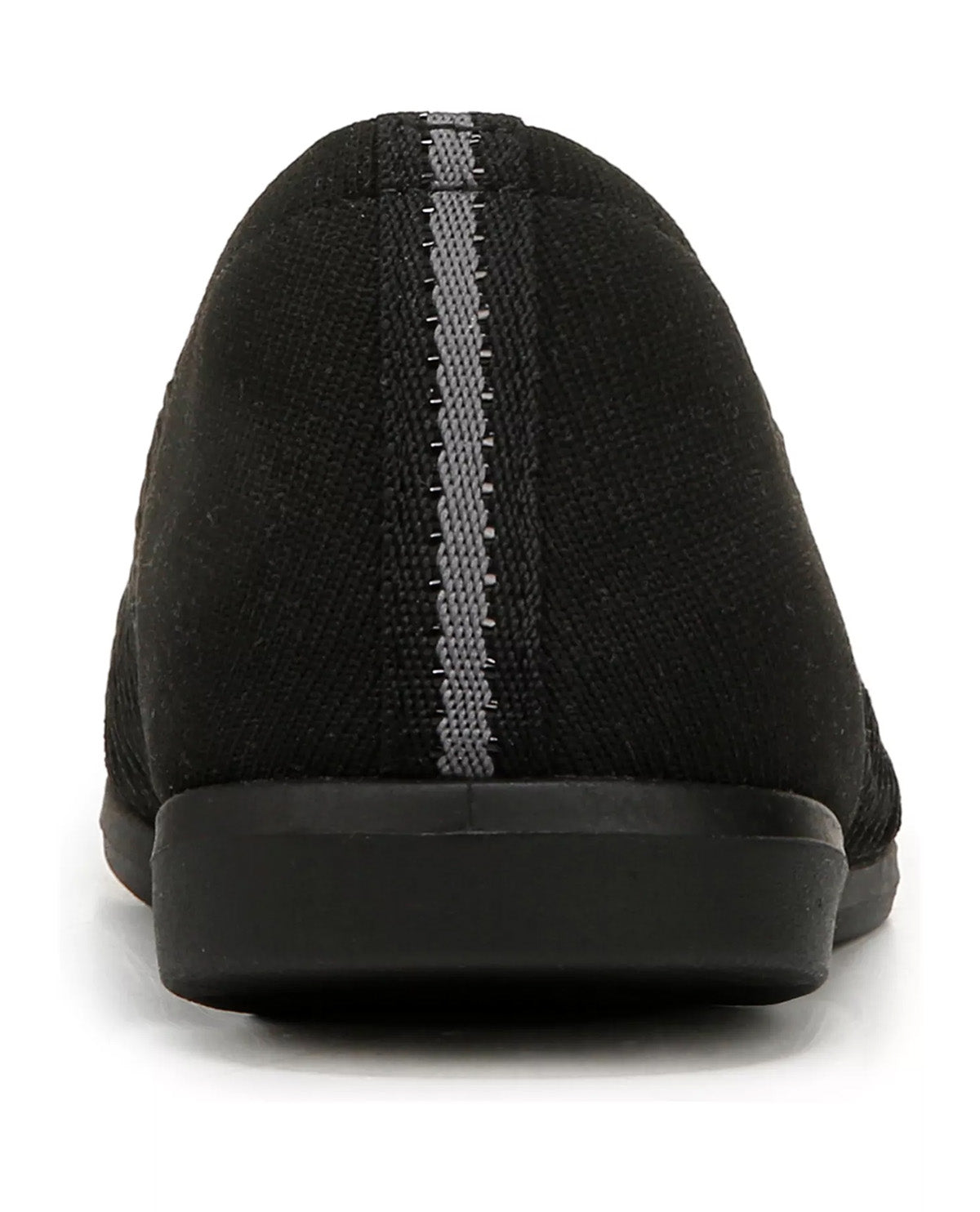 A close-up rear view of a black canvas slip-on shoe with a contrasting gray vertical stripe down the center and a black sole, set against a plain white background.