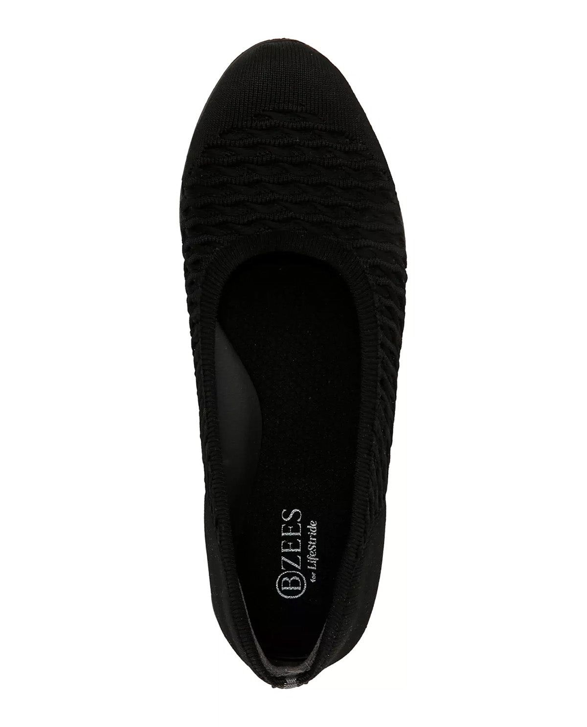 A single black slip-on shoe shown from a top-down view on a plain white background. The brand name 'BZEE'S' is printed in white on the insole.