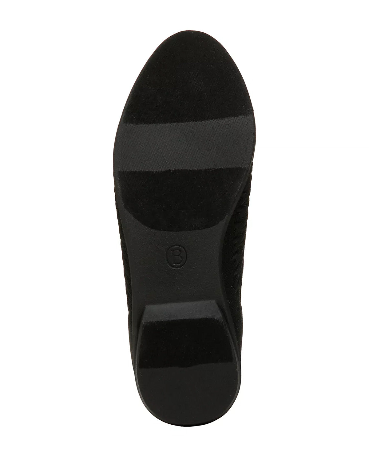Top-down view of a black shoe sole with a textured suede-like upper and a glossy black heel, shown on a plain white background.