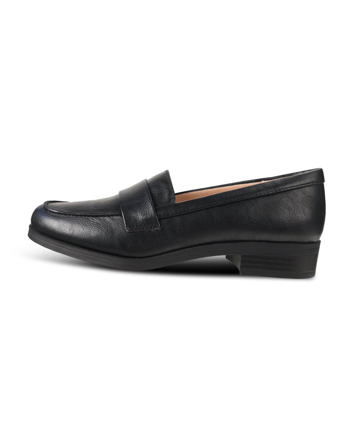 A single black leather penny loafer with a low block heel, shown in a side profile view against a plain white background.