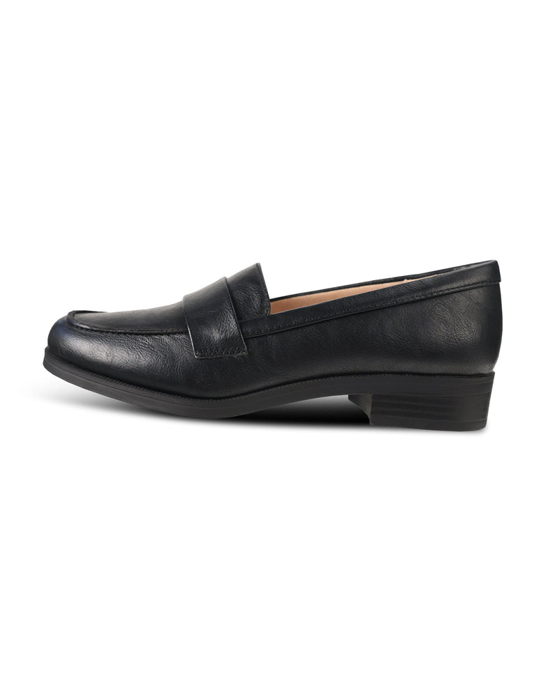 A single black leather penny loafer with a low block heel, shown in a side profile view against a plain white background.