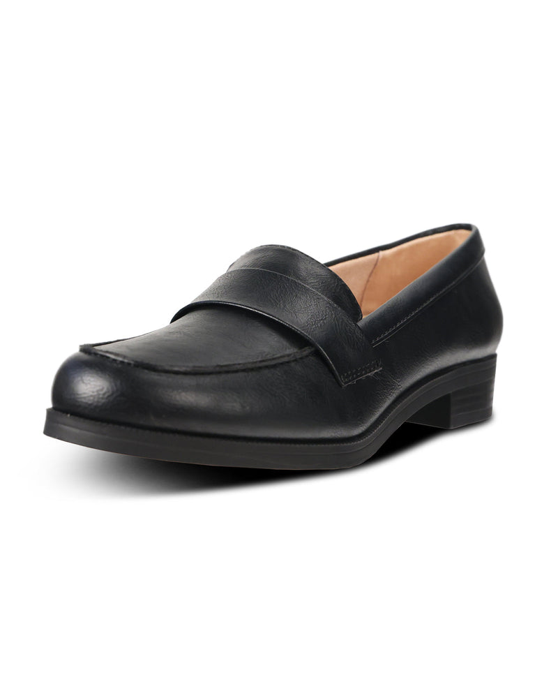 A single black leather loafer with a low block heel and a tan interior lining, photographed from a three-quarters angle on a white background.
