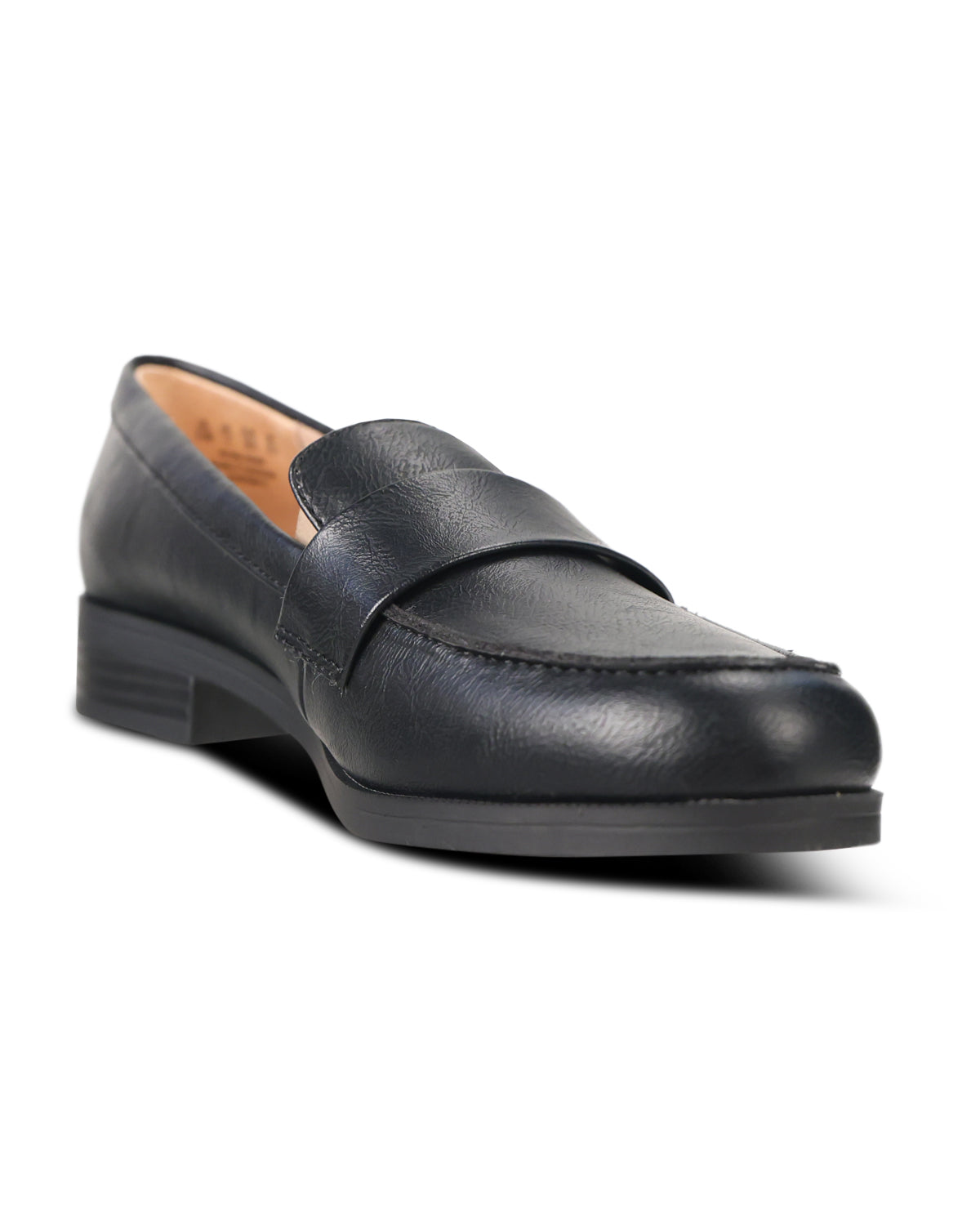 A single black leather penny loafer shown from a three-quarters angle on a white background.