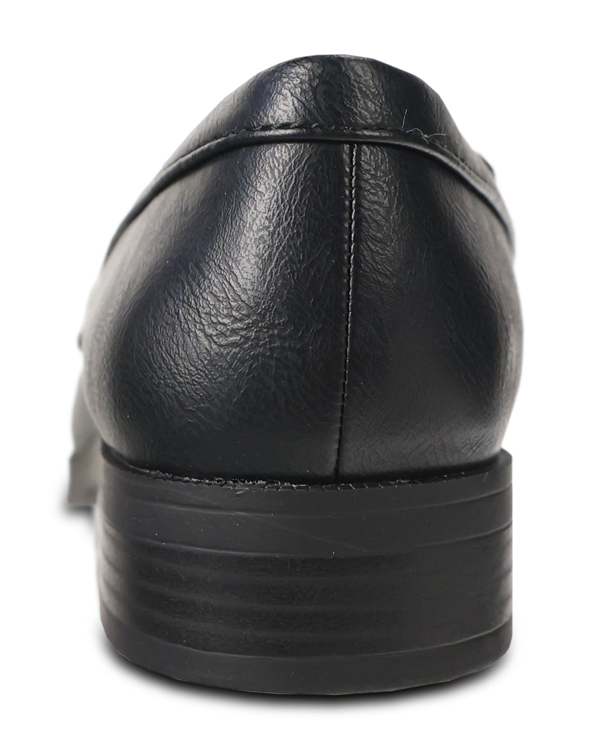Close-up rear view of a black leather loafer with a chunky black platform sole, shown on a white background.