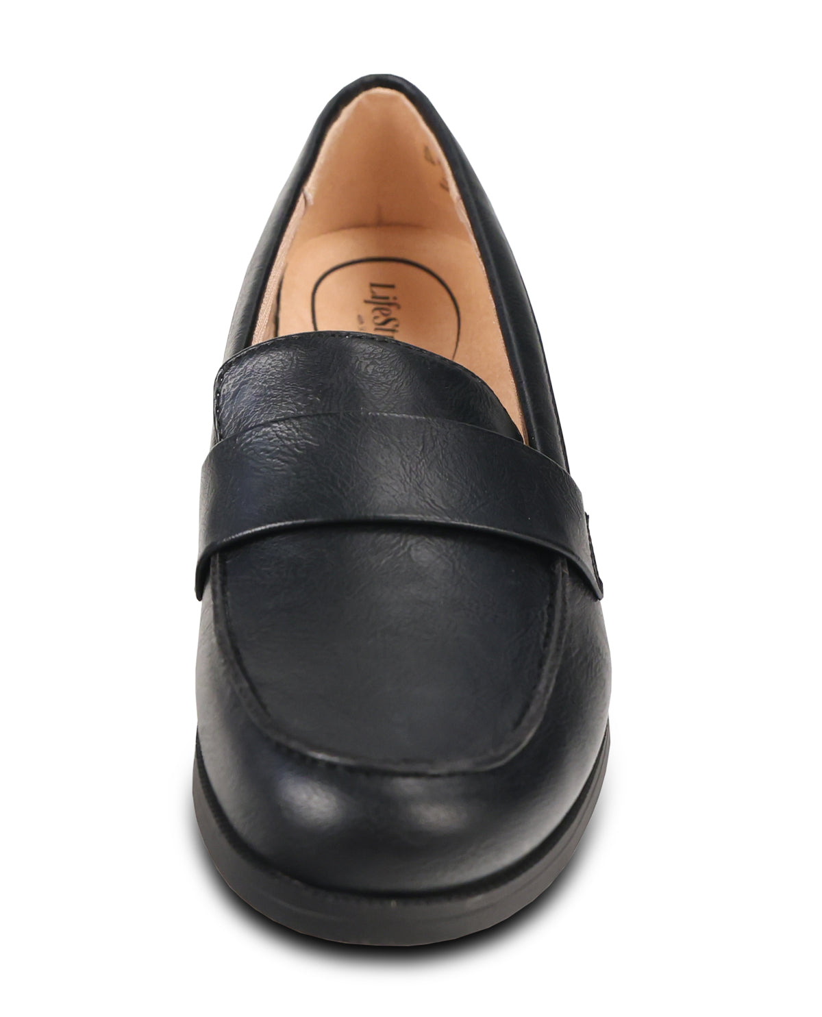 A single black leather slip-on loafer shown from a front-facing top-down perspective on a white background. The shoe features a wide strap across the instep and a tan interior lining with a visible 'Lush' brand logo.