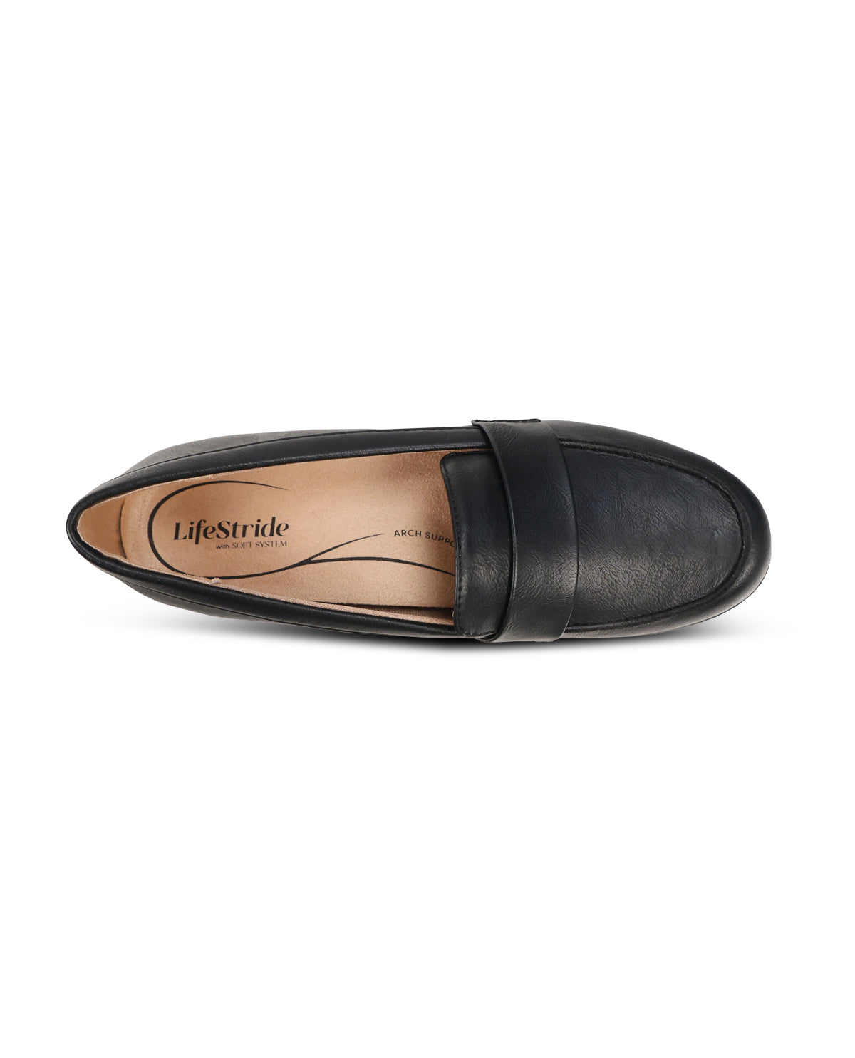 A single black leather loafer shoe shown from a side profile view against a plain white background. The brand name 'LifeStride' is visible on the tan insole.