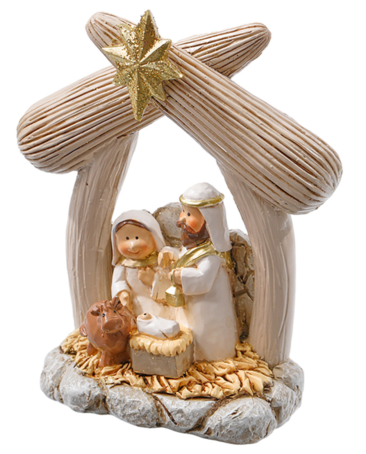Nativity scene figurine with stable, star, and figures on a white background