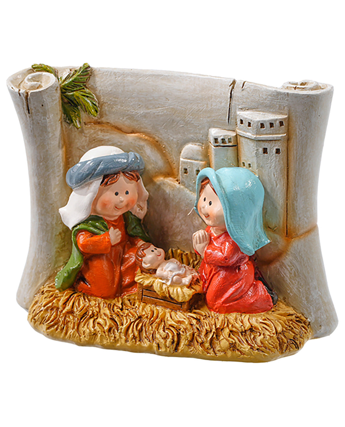 Decorative nativity scene with two children and a baby Jesus figure, set against a white background.