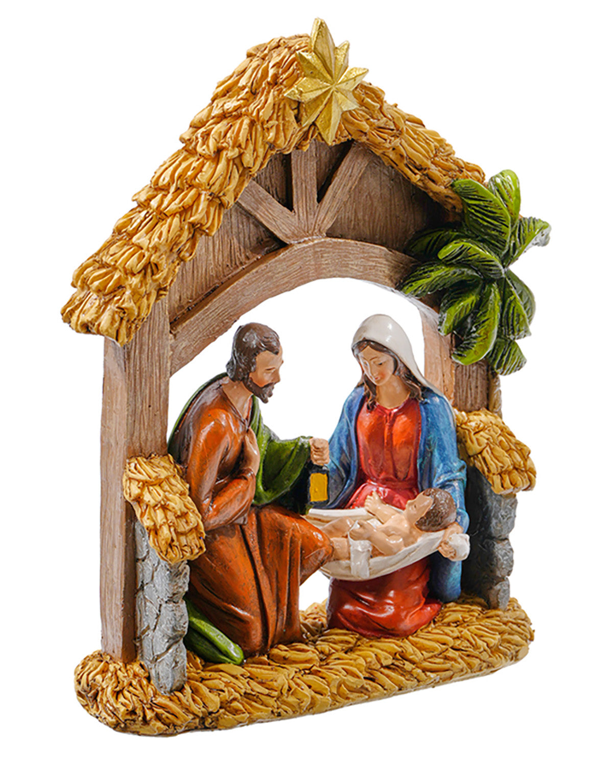 Nativity scene figurine with Mary, Joseph, and baby Jesus in a manger.