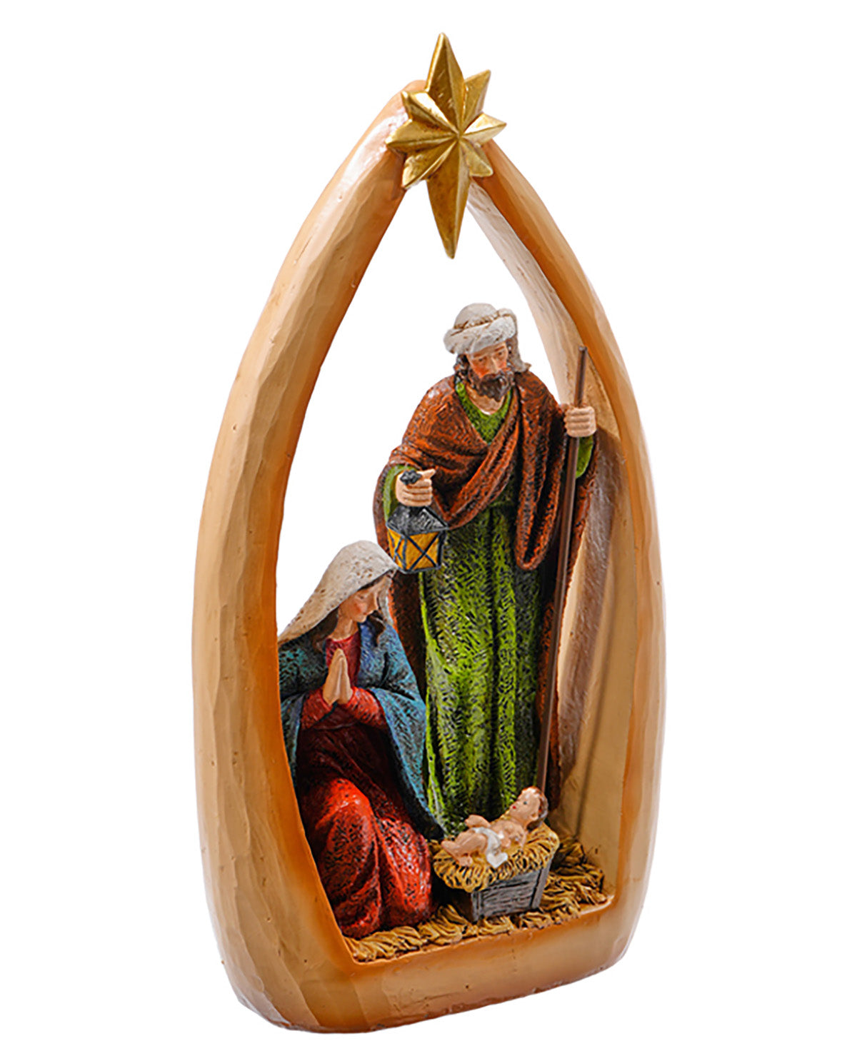 Nativity scene figurine with three wise men and a star on top, set against a white background.
