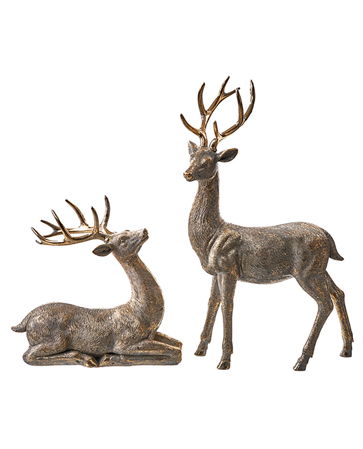 Two bronze deer statues on a white background