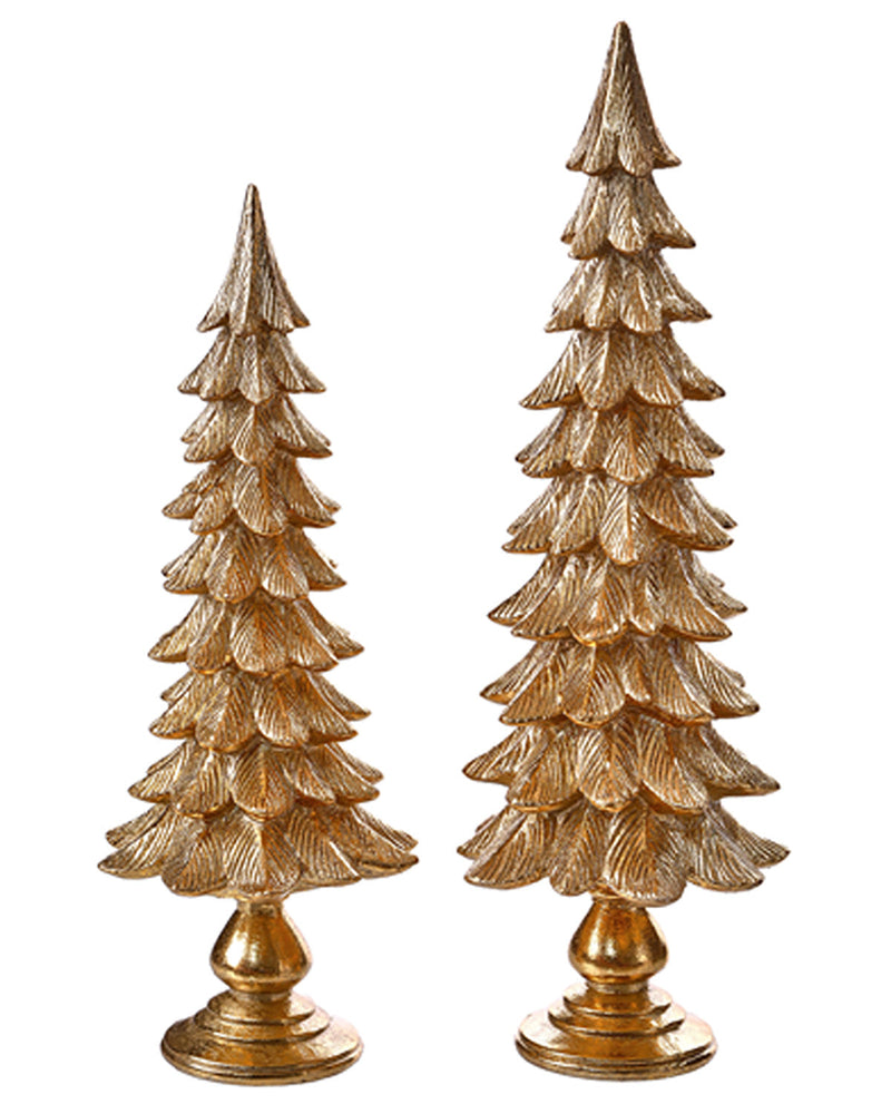 Two gold Christmas tree figurines on a white background