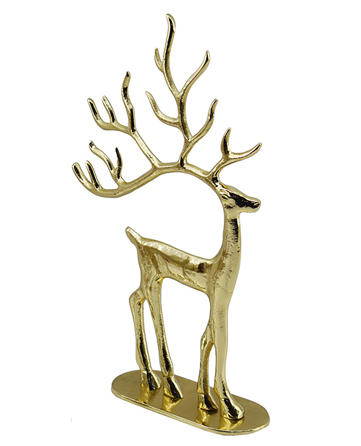 A metallic gold deer figurine with large antlers standing on a matching oval base, photographed against a plain white background.